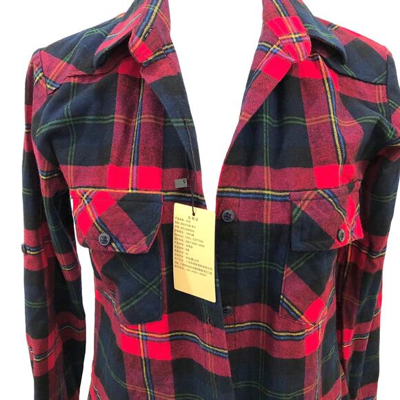 Matchstick Red Plaid Flannel Shirt Roll Tab Sleeves Tie Back Waist XS NWT - Picture 2 of 8